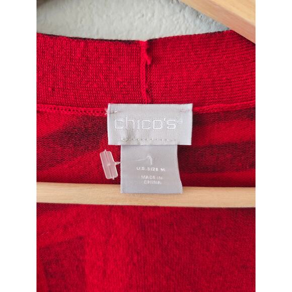 Chico’s Statement Knit Cardigan M – Red Abstract Print Open Front Workwear - Picture 4 of 8